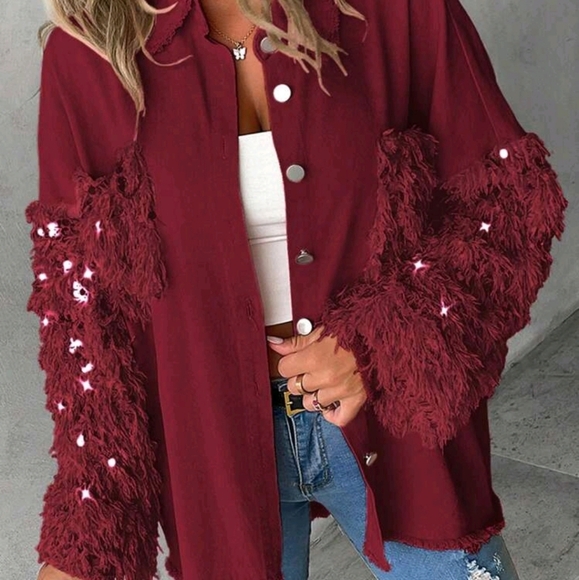 Jackets & Blazers - Spring & Fall Turn-Down Collar Contrast Sequin Raw Hem Button Front Jacket